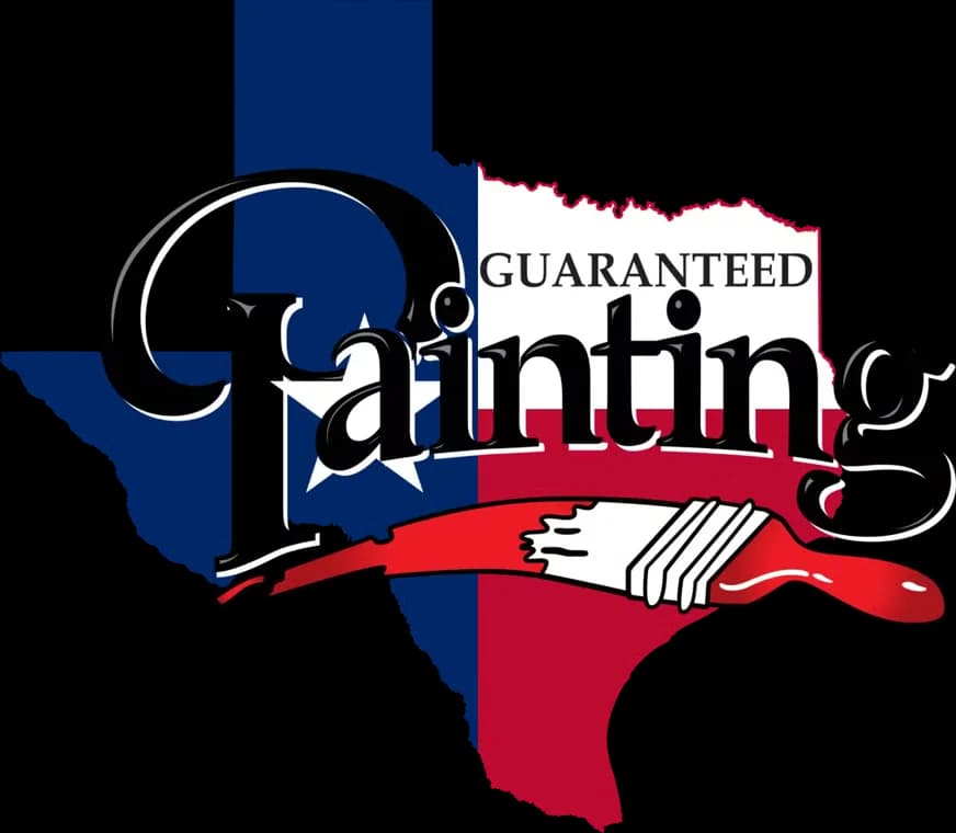 This is an image from Guaranteed Painting Company, located in Texas. The logo for Guaranteed Painting Company features the Texas state outline in red, white, and blue with a large stylized 'Painting' text and a red paintbrush swoosh across the bottom.