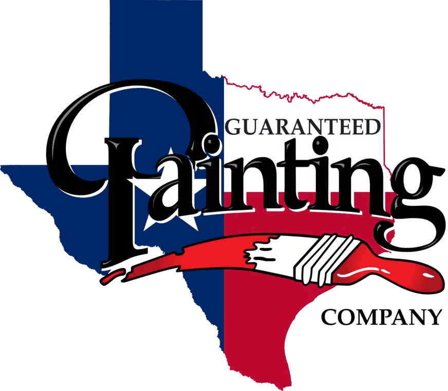 This is an image from Guaranteed Painting Company, located in Texas. The logo for Guaranteed Painting Company features the Texas state outline in red, white, and blue with a large stylized 'Painting' text and a red paintbrush swoosh across the bottom.