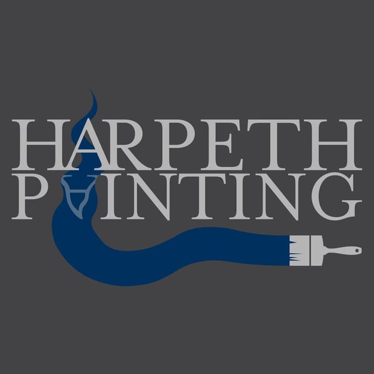 This is an image from Harpeth Painting, located in Tennessee. The image is a Harpeth Painting logo with a dark gray background, silver text, and a navy blue paintbrush stroke forming part of the lettering.