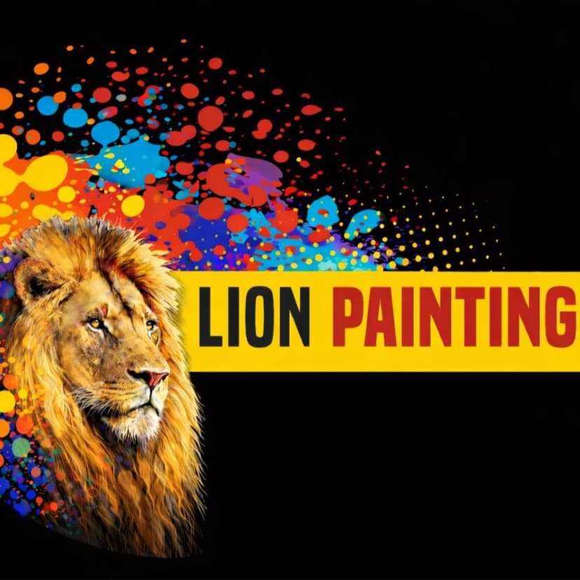 This is an image from Lion Painting LLC, located in Florida. The logo for Lion Painting LLC features a detailed lion illustration with colorful paint splashes alongside bold yellow and red text on a black background.