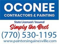 This is an image from Oconee Contractors & Painting, located in Georgia. The logo for Oconee Contractors & Painting features bold blue and white text with red script lettering and a phone number for the painting company.