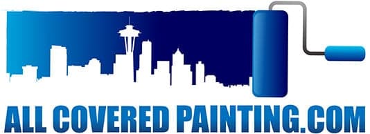 This is an image from All Covered Painting, located in Washington. The logo for All Covered Painting features the Seattle skyline silhouette with the Space Needle in blue gradient tones alongside a paint roller graphic and bold blue 'All Covered Painting.com' text.
