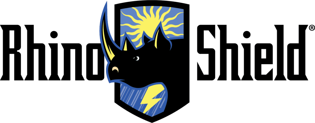 "This is an image from Rhino Shield Texas, located in Texas. The logo for Rhino Shield Texas features a black rhino head with a yellow horn, a blue shield background, and a stylized yellow sunburst."