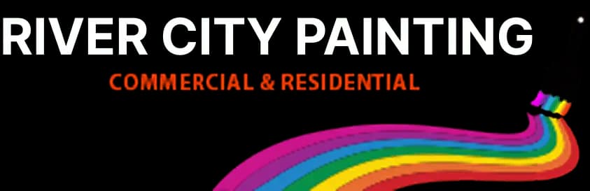 This is an image from River City Painting, located in Texas. The logo for River City Painting features bold white text with a rainbow paint stroke flowing from a brush.
