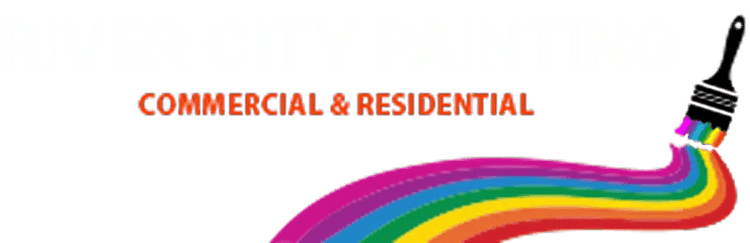This is an image from River City Painting, located in Texas. The logo for River City Painting features bold white text with a rainbow paint stroke flowing from a brush.