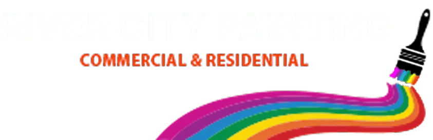 This is an image from River City Painting, located in Texas. The logo for River City Painting features bold white text with a rainbow paint stroke flowing from a brush.
