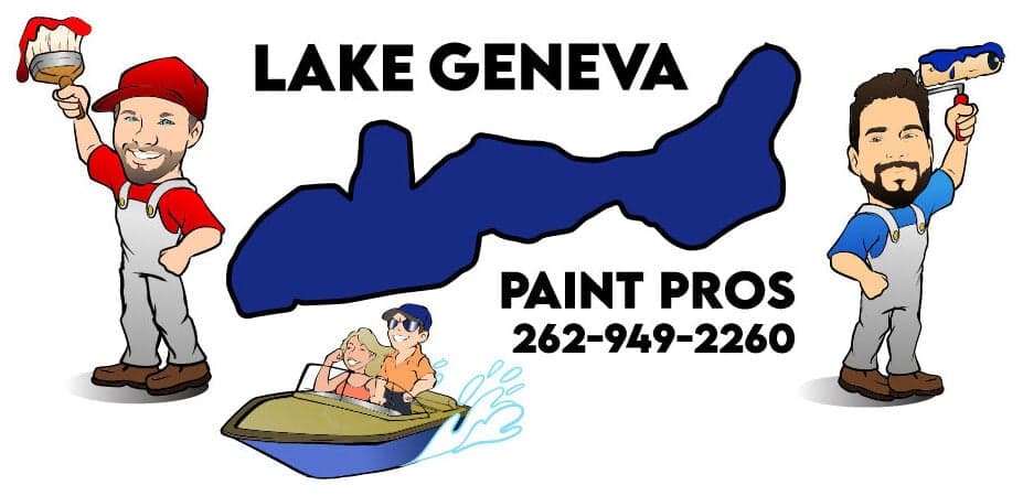 This is an image from Lake Geneva Paint Pros, located in Wisconsin. The logo for Lake Geneva Paint Pros features illustrated painters holding paint tools, a stylized blue lake graphic, bold black lettering, and the company phone number displayed prominently.