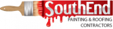 This is an image from SouthEnd Painting, Carpentry and Renovation Services, located in North Carolina. This is a South End Painting and Roofing Contractors logo with paintbrush design and red paint drip effect.