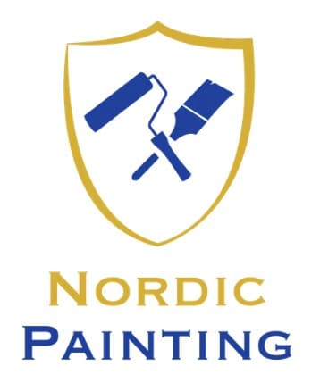 This is an image from Nordic Painting & Decorating, located in Wisconsin. The logo for Nordic Painting & Decorating features a gold shield with blue paint roller and brush icons above bold blue and gold text representing professional painting services.