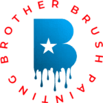 This is an image from Brother Brush Painting, located in Texas. The logo for Brother Brush Painting features a bold blue letter B with a dripping paint effect and a black star in the center, surrounded by red circular text.