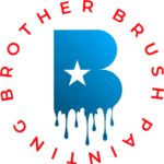 This is an image from Brother Brush Painting, located in Texas. The logo for Brother Brush Painting features a bold blue letter B with a dripping paint effect and a black star in the center, surrounded by red circular text.