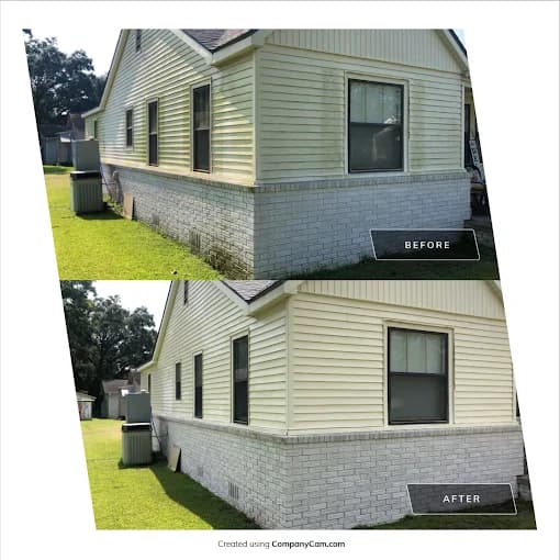 This is an image from Spell Painting, located in Louisiana. The before-and-after comparison shows a home exterior with newly painted lower brickwork in a bright white finish, enhancing the contrast with the cream-colored siding.