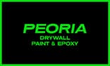 This is the logo for Peoria Drywall Painting LLC. The design features bold green text on a black background with the company name and services.