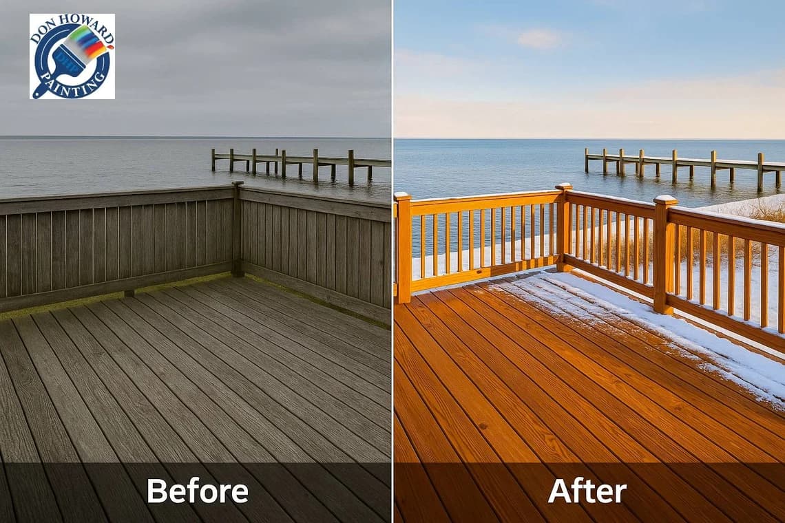 This is an image from Don Howard Painting, located in Ohio. The before-and-after deck image shows a weathered gray deck restored to a rich warm-toned wood finish overlooking the water.