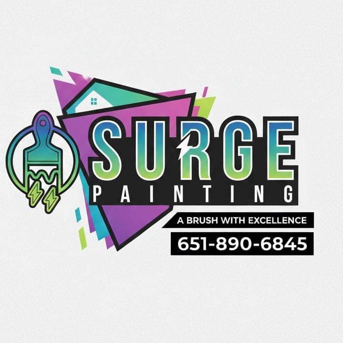 This is an image from Surge Painting LLC, located in Minnesota. The logo for Surge Painting LLC features bold gradient lettering with a stylized paintbrush rocket icon and colorful geometric background elements.