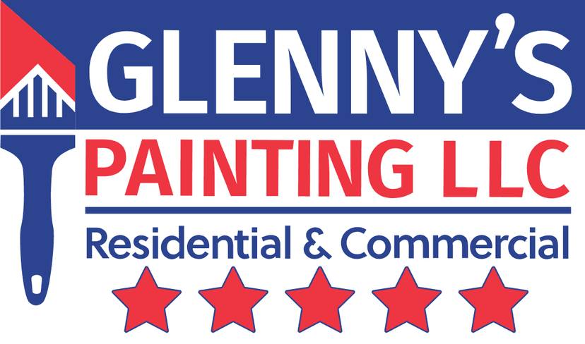 This is an image from Glenny’s Painting LLC, located in North Carolina. The logo for Glenny’s Painting LLC features a red and blue paintbrush design with bold text reading 'Glenny’s Painting LLC Residential & Commercial' and five red stars underneath.