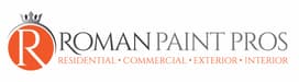 This is an image from Roman Paint Pros company, located in Penn Hills, PA. The image is a Roman Paint Pros logo featuring a crowned letter R in an orange circle with text stating Residential, Commercial, Exterior, and Interior painting services.