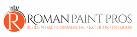 This is an image from Roman Paint Pros company, located in Penn Hills, PA. The image is a Roman Paint Pros logo featuring a crowned letter R in an orange circle with text stating Residential, Commercial, Exterior, and Interior painting services.