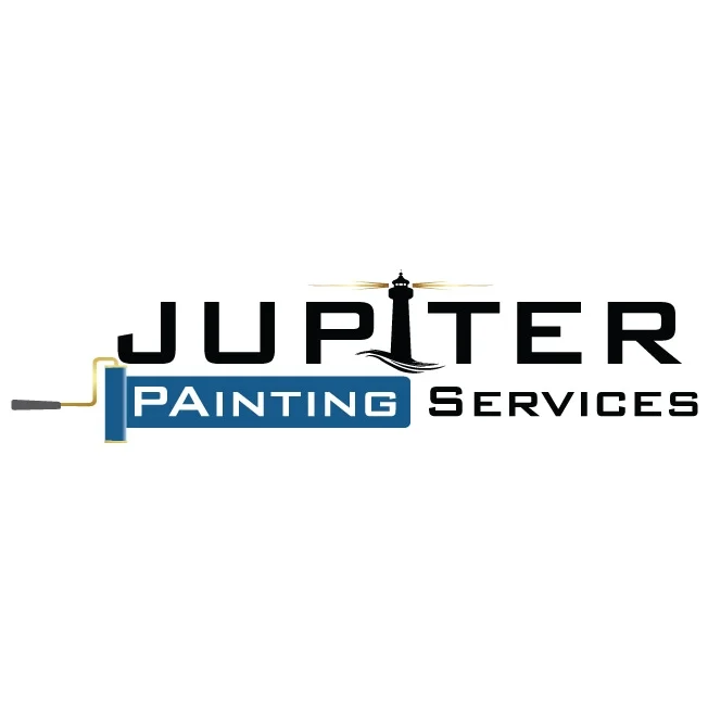 This is an image from Jupiter Painting Services company, located in Jupiter, FL. The image is a Jupiter Painting Services logo featuring a lighthouse integrated into the word 'Jupiter' and a blue paint roller highlighting the word 'Painting'