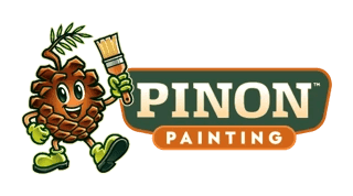 This is an image from Pinon Painting, located in Arizona. The logo for Pinon Painting features a cartoon pinecone mascot holding a paintbrush beside bold green and orange company lettering.
