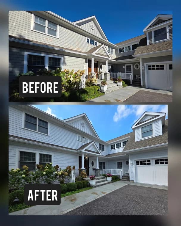 This is an image from JRT Pro Painters, located in New Jersey. The image shows a before-and-after exterior house painting project with updated light gray siding, crisp white trim, and a refreshed garage door and entryway.