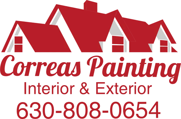 This is an image from Correas Painting, located in Illinois. The logo for Correas Painting features red roofline graphics above red text for the interior and exterior painting company with a phone number.