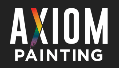 This is an image from Axiom Painting, located in Washington. The logo for Axiom Painting features bold white text on a black background with a colorful paint-stroke design inside the letter X.