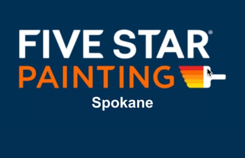 This is an image from Five Star Painting Spokane, located in Washington. The logo for Five Star Painting Spokane features bold white and orange text on a dark blue background with a multicolor paint roller graphic.