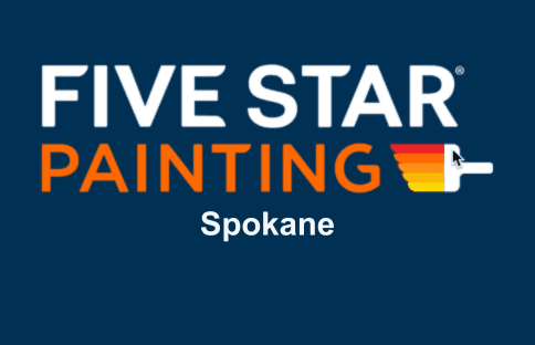 This is an image from Five Star Painting Spokane, located in Washington. The logo for Five Star Painting Spokane features bold white and orange text on a dark blue background with a multicolor paint roller graphic.