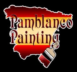 This is an image from Pamblanco Painting, located in Arizona. The logo for Pamblanco Painting features red and gold text over a red paint-stroke shape with a paintbrush graphic.