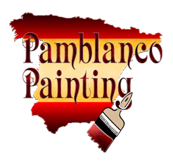 This is an image from Pamblanco Painting, located in Arizona. The logo for Pamblanco Painting features red and gold text over a red paint-stroke shape with a paintbrush graphic.
