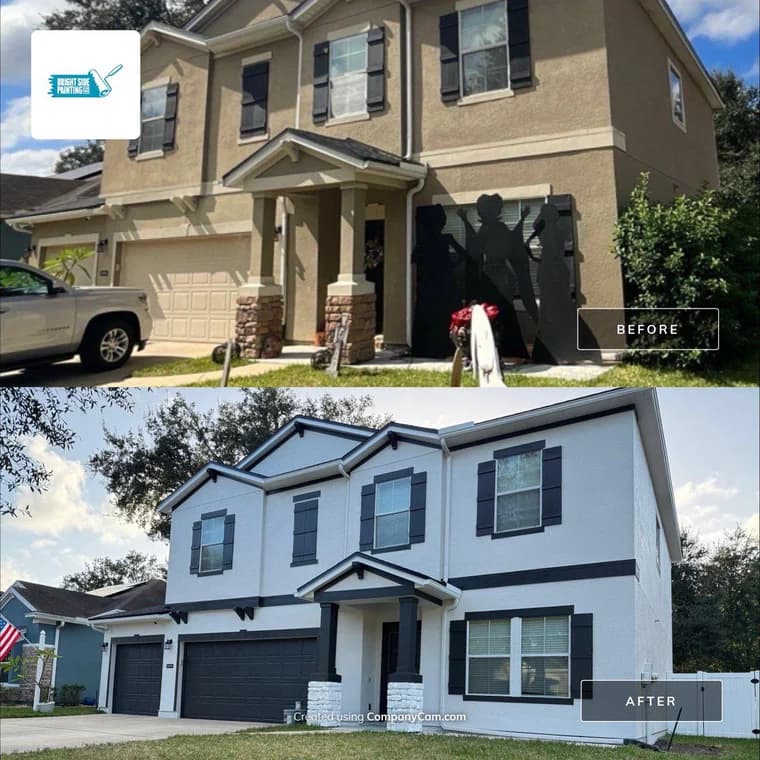 This is an image from Bright Side Painting Of Jax company, located in Jacksonville Beach, FL. The image is a before and after exterior house painting transformation by Bright Side Painting, featuring beige to white color change with black trim and shutters on two-story home