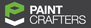 This is an image from Paint Crafters, located in Washington. The logo for Paint Crafters features a green and white geometric paint emblem beside bold white text on a dark gray background.