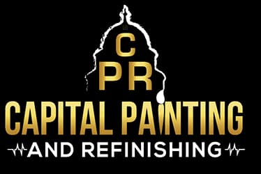 This is an image from Capital Painting and Refinishing, located in Texas. The logo for Capital Painting and Refinishing features gold and white lettering with a stylized capitol dome and a paint drip accent.