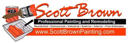 This is an image fromScott Brown Professional Painting & Remodeling, located in Tennessee. The limage is a Scott Brown Professional Painting and Remodeling logo featuring a paintbrush and roller tray design with company website and tagline for residential and commercial services.