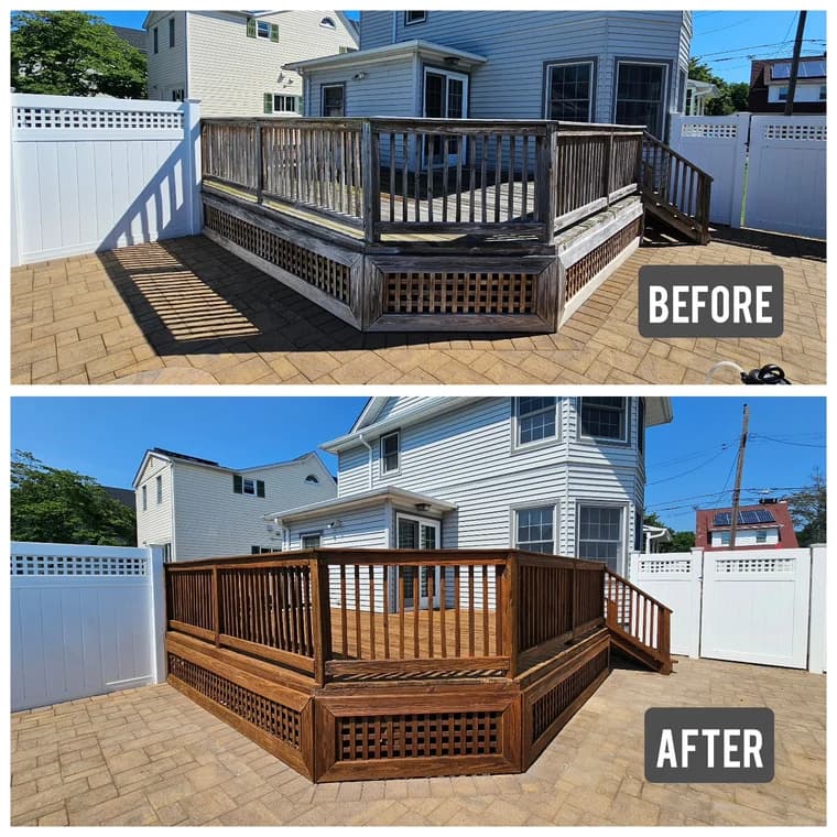 This is an image from JRT Pro Painters, located in New Jersey. The image shows a before-and-after deck staining project where weathered wood was restored with a rich brown finish and clean railing details.