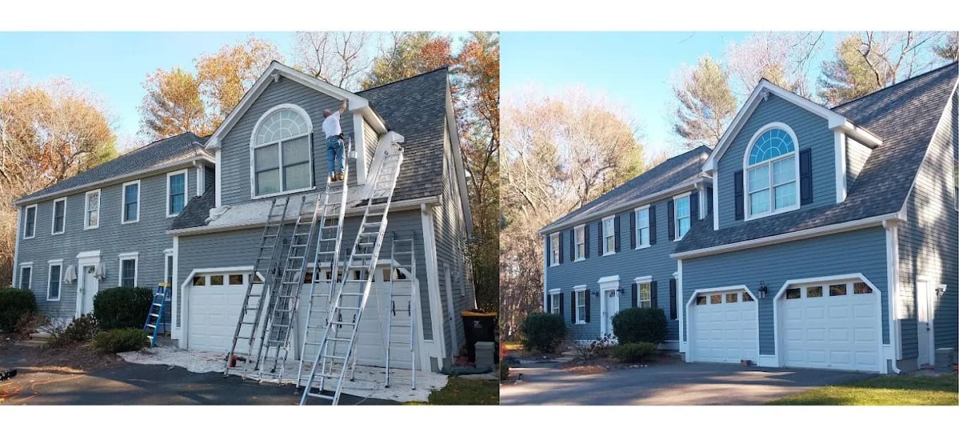 This is an image from Ortolani & Sons Painting Company, located in Massachusetts. The image shows a before-and-after exterior house painting project with gray siding, white trim, and freshly painted garage doors on a two-story suburban home.