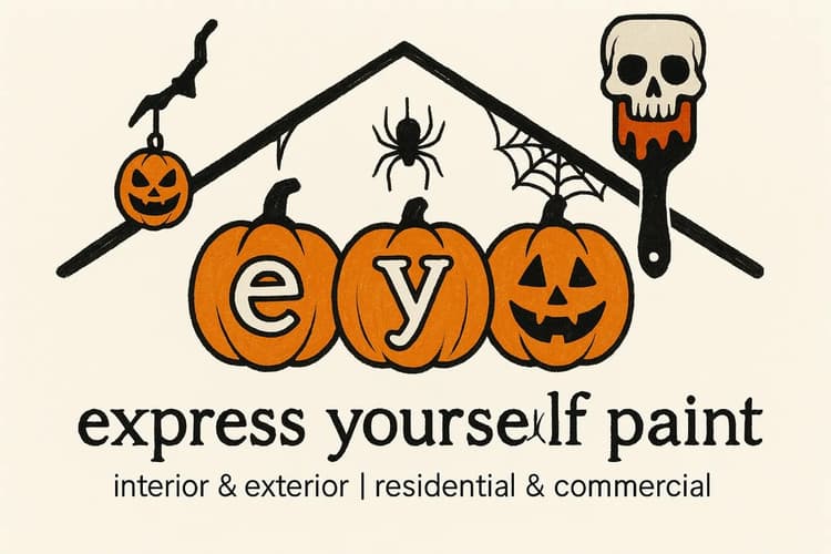 This is an image from Express Yourself Paint LLC, located in North Carolina. The logo for Express Yourself Paint LLC features three orange pumpkins with letters inside, a spider and web above, and a paintbrush with a dripping skull design, creating a festive Halloween theme.