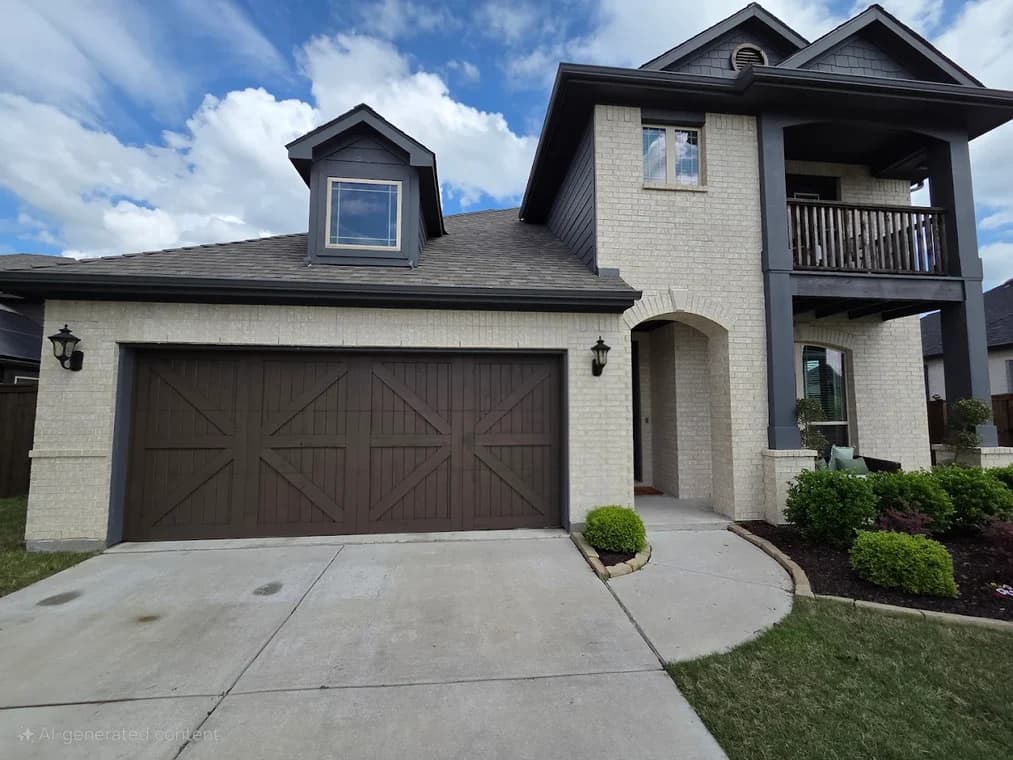 "This is an image from Roll City Painting, located in Texas. The exterior features a light-brick two-story home with dark wood garage doors, gray trim, and landscaped greenery."