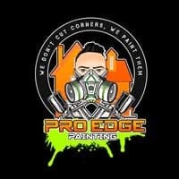 This is the logo of Pro Edge Painting. The design features a stylized person wearing a respirator mask in front of a house outline, with the company name displayed in bold orange and green lettering beneath.