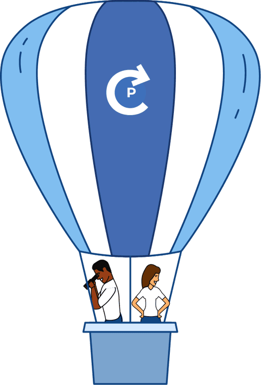 Illustration of two people in a hot air balloon with a circular P logo, symbolizing exploration and finding local painting professionals