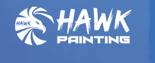 This is an image from Hawk Painting, located in Texas. The logo for Hawk Painting features a white hawk head graphic inside a circular swirl design next to bold white text on a blue background.