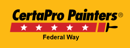 This is an image from CertaPro Painters of Federal Way, located in Washington. The logo for CertaPro Painters of Federal Way features bold black text on a yellow background with red stars and a paintbrush graphic.