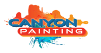 This is an image from Canyon Painting, located in Arizona. The logo for Canyon Painting features bold blue and red text with orange paint strokes and a teal desert-style plant graphic.