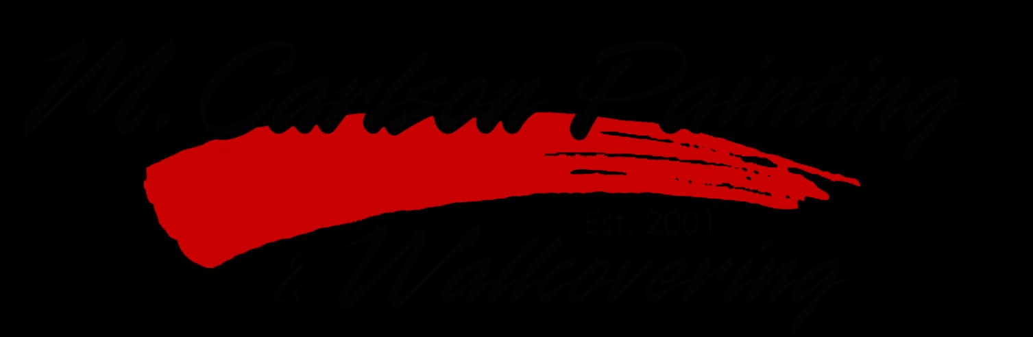 This is an image from M. Carlson Painting, located in Minnesota. The logo for M. Carlson Painting features black script lettering with a bold red paint brush stroke across the center and the text Est. 2001 & Wallcovering.