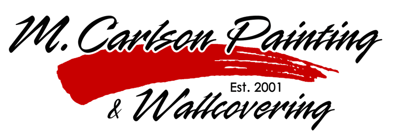 This is an image from M. Carlson Painting, located in Minnesota. The logo for M. Carlson Painting features black script lettering with a bold red paint brush stroke across the center and the text Est. 2001 & Wallcovering.