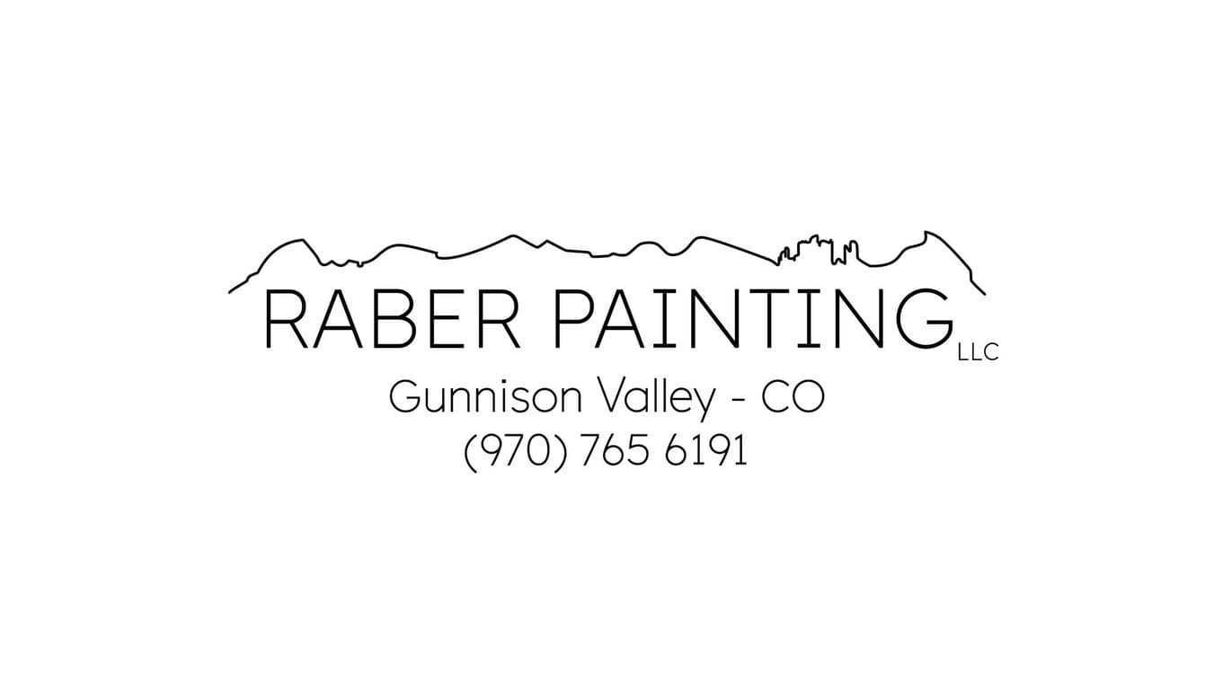 This is an image from Raber Painting company, located in Gunnison, CO The image is a Raber Painting LLC logo with mountain line art above company name, featuring location Gunnison Valley, Colorado, and phone number (970) 765-6191