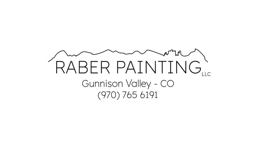 This is an image from Raber Painting company, located in Gunnison, CO The image is a Raber Painting LLC logo with mountain line art above company name, featuring location Gunnison Valley, Colorado, and phone number (970) 765-6191
