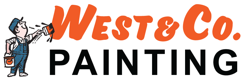 This is an image from West & Co Painting, LLC. The image West & Co. Painting logo with a retro painter illustration holding a brush and bucket beside bold orange lettering.