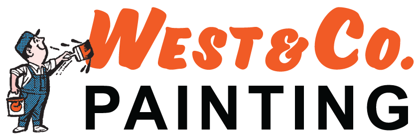 This is an image from West & Co Painting, LLC. The image West & Co. Painting logo with a retro painter illustration holding a brush and bucket beside bold orange lettering.